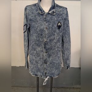 Brooklyn Cloth Oversized DenimJacket Zipper Snaps Tie Sluchy  Patch Details Sz S